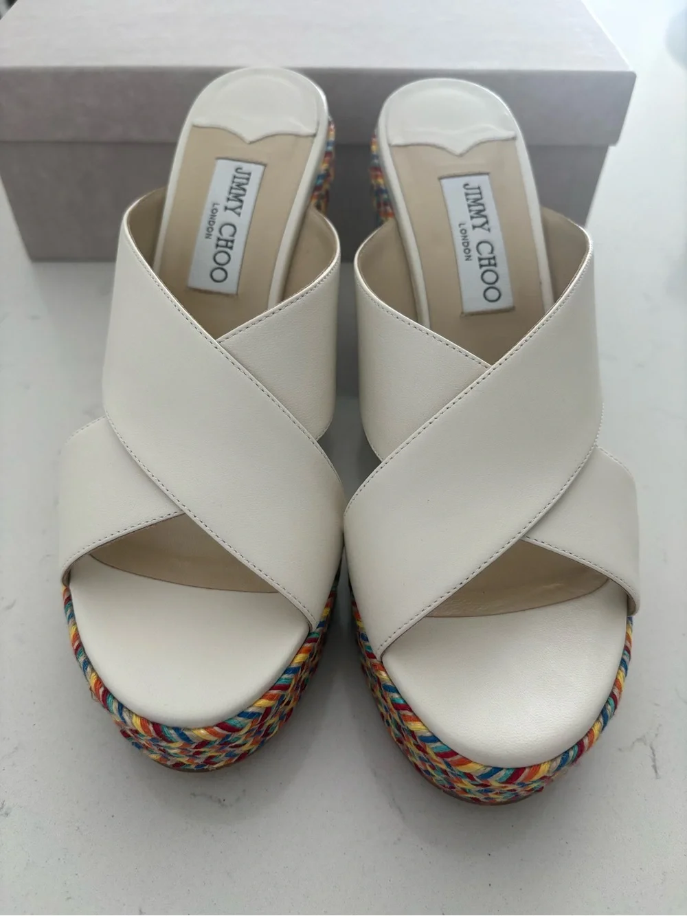 Jimmy Choo White Leather Cross-Strap Wedge Sandals